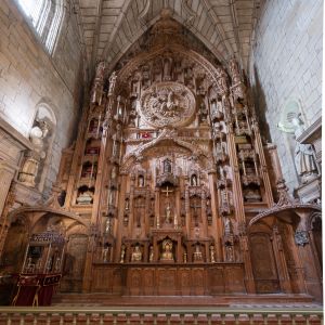 Retablo neogótico y bóveda de crucería estrellada en la Capilla de las Reliquias, Catedral de Santiago. Arquitectura gótica y orfebrería sacra.