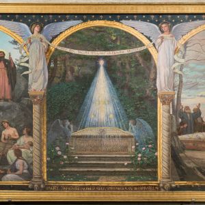 «Tradición de Santiago en Galicia», Modesto Brocos, óleo tripartito sobre la traslación e invención del cuerpo de Santiago, Sacristía Catedral de Sant