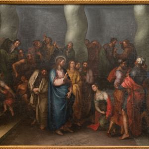 «La Mujer Adúltera», gran óleo barroco de Gregorio Ferro, Sacristía de la Catedral de Santiago de Compostela, Cristo ante la multitud en el Templo.