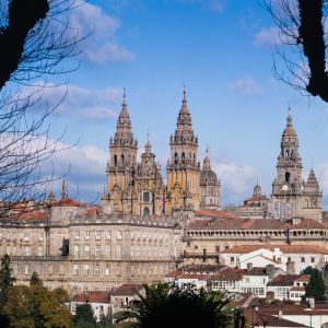 Vista de la Catedral de Santiago desde la Alameda. Se aprecian las torres barrocas de la Fachada del Obradoiro entre ramas de árboles.