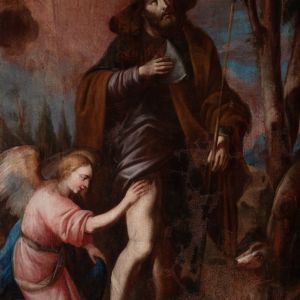 Pintura de San Roque atribuida a García de Bouzas (1740). Óleo barroco con el ángel y el perro en el Museo de la Catedral de Santiago.