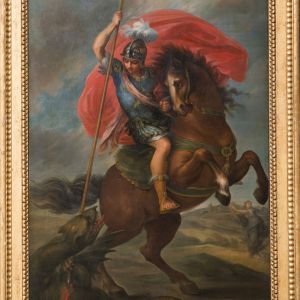 Cuadro de San Jorge y el dragón por Gregorio Ferro en la Catedral de Santiago. Óleo neoclásico con el santo a caballo y armadura romana.