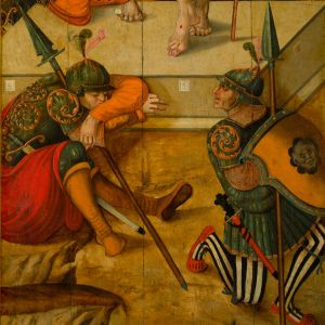 Tabla de la Resurrección de Juan Bautista Celma (1569). Detalle de los soldados romanos. Óleo sobre tabla del Museo de la Catedral de Santiago.