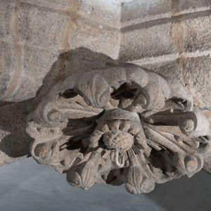 Detalle de clave de bóveda con relieve de flor carnosa en la Cripta del Pórtico de la Gloria (S. XII). Arquitectura románica de la Catedral de Santiag