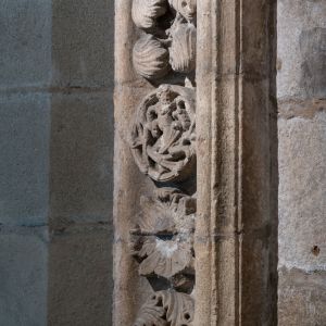 Detalle de jamba románica en la Cripta del Pórtico de la Gloria (S. XII). Escultura de figuras entre vegetación y veneras. Catedral de Santiago de Com